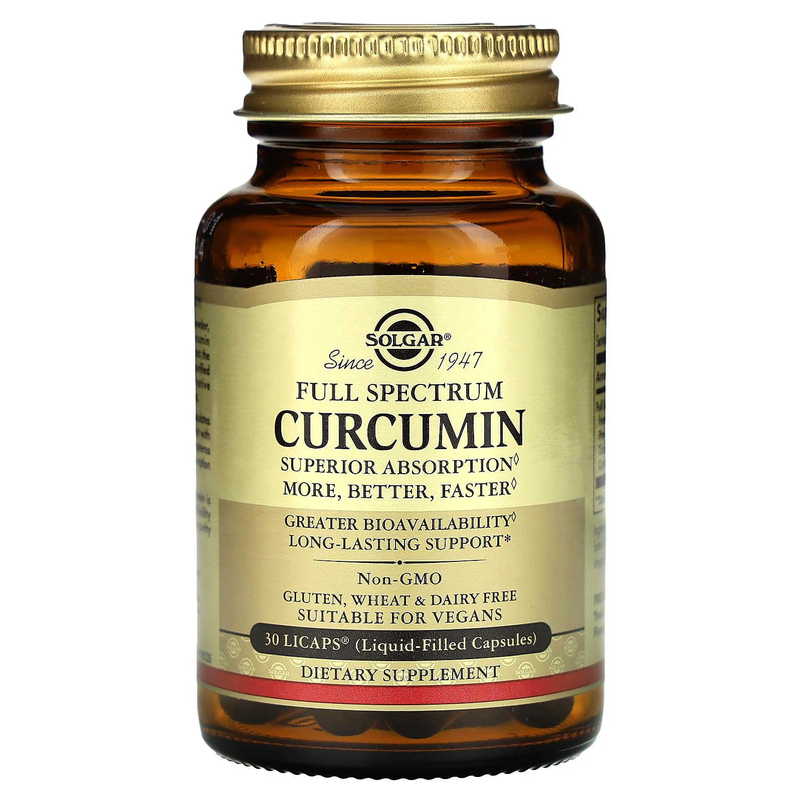 Solgar Curcumin bottle label detail showcases ingredients and purity standards