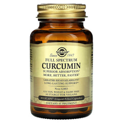 Solgar Curcumin bottle label detail showcases ingredients and purity standards