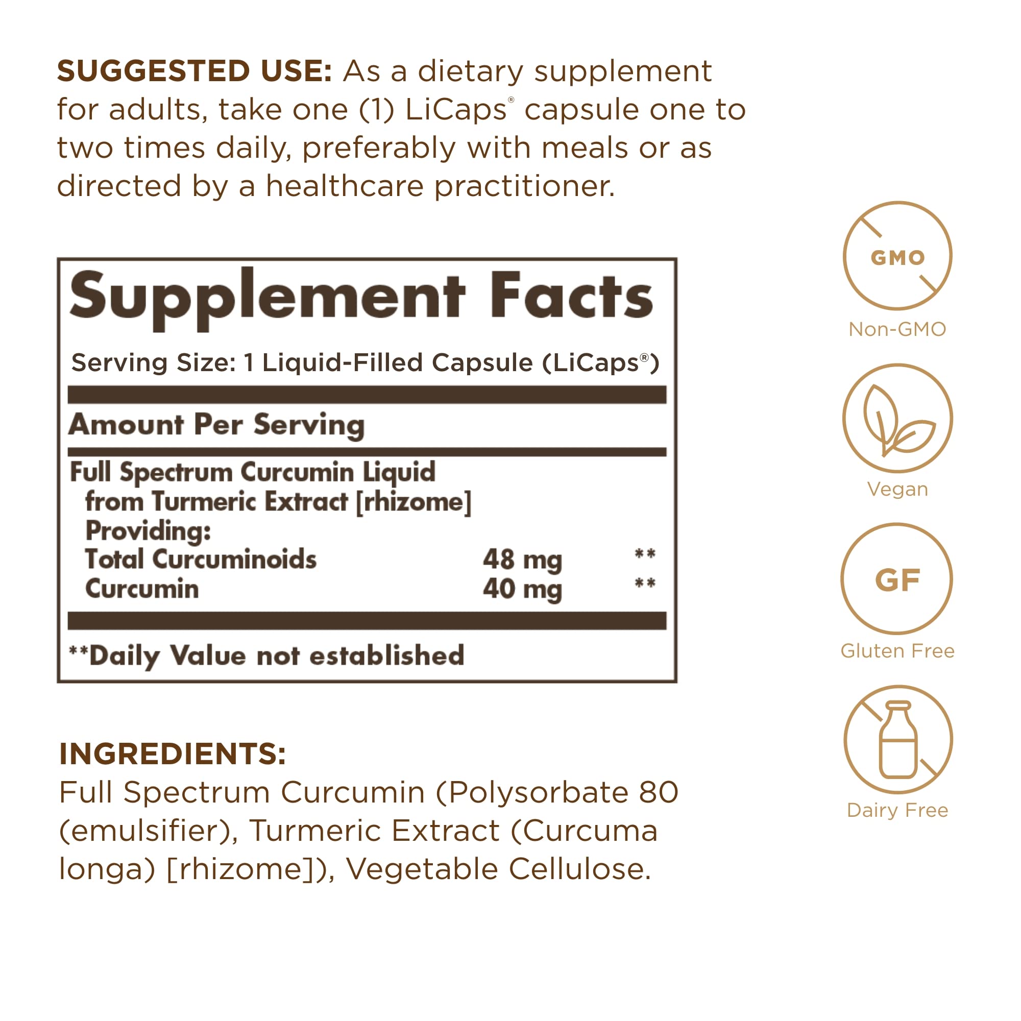 Solgar Curcumin softgel being poured illustrates quick, convenient daily intake