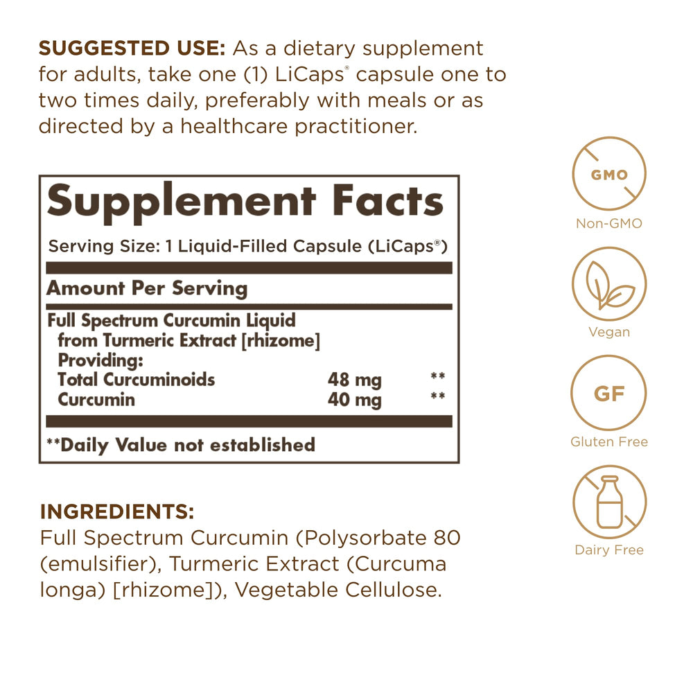 Solgar Curcumin softgel being poured illustrates quick, convenient daily intake
