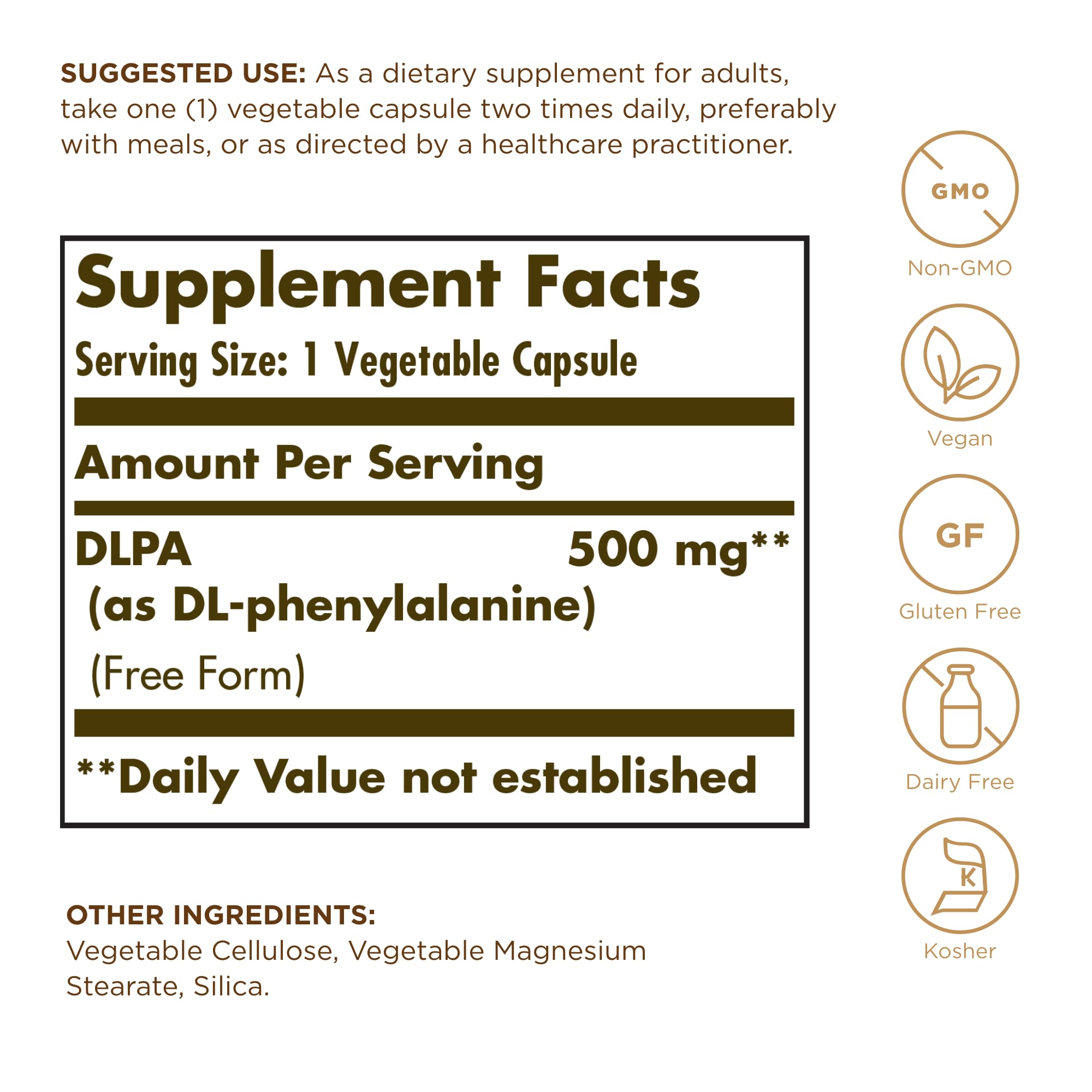 Solgar DLPA 500 mg capsules closeup showing free-form DLPA for absorption