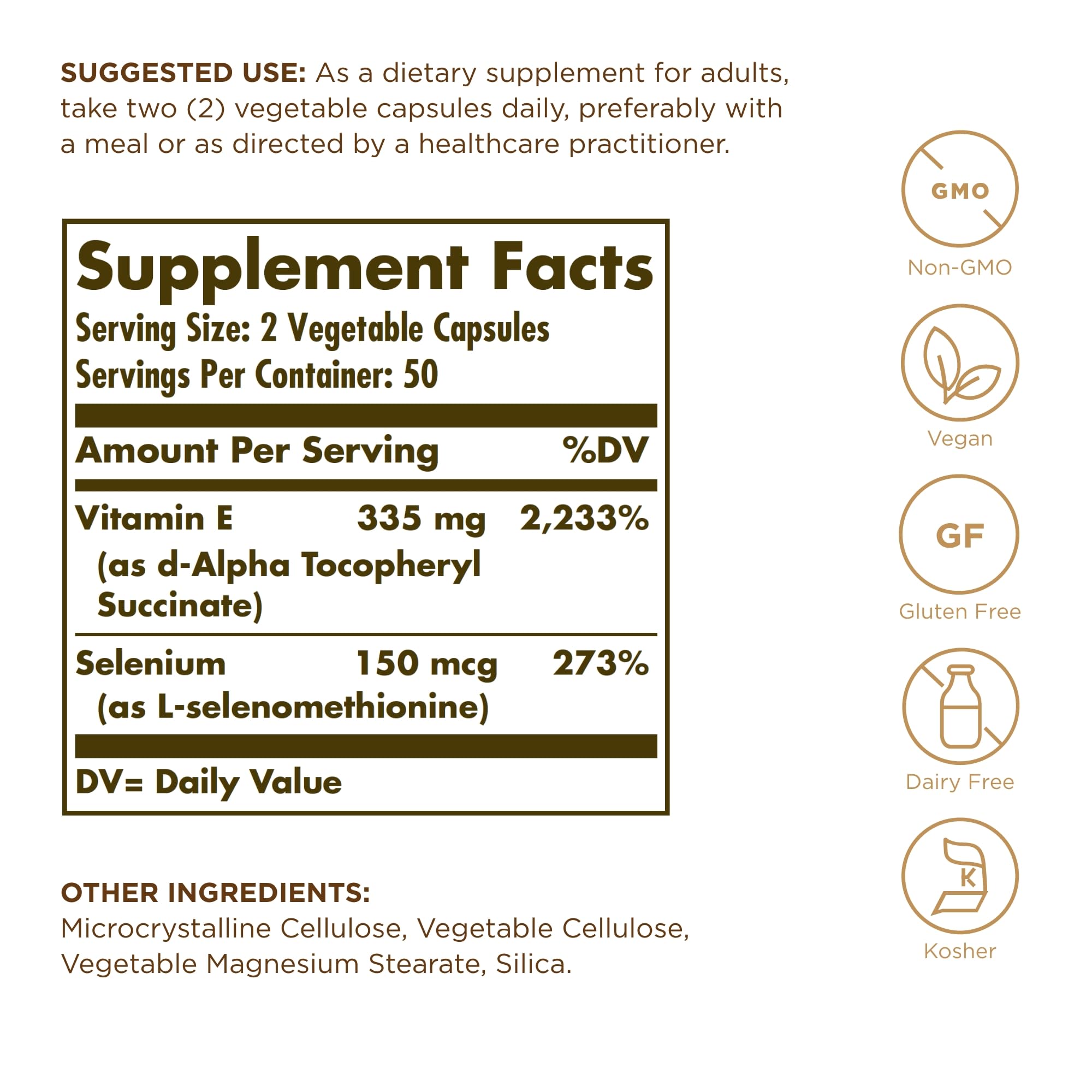 Solgar Dry Vitamin E with Yeast-Free Selenium capsules — convenient two-piece vegetarian capsule