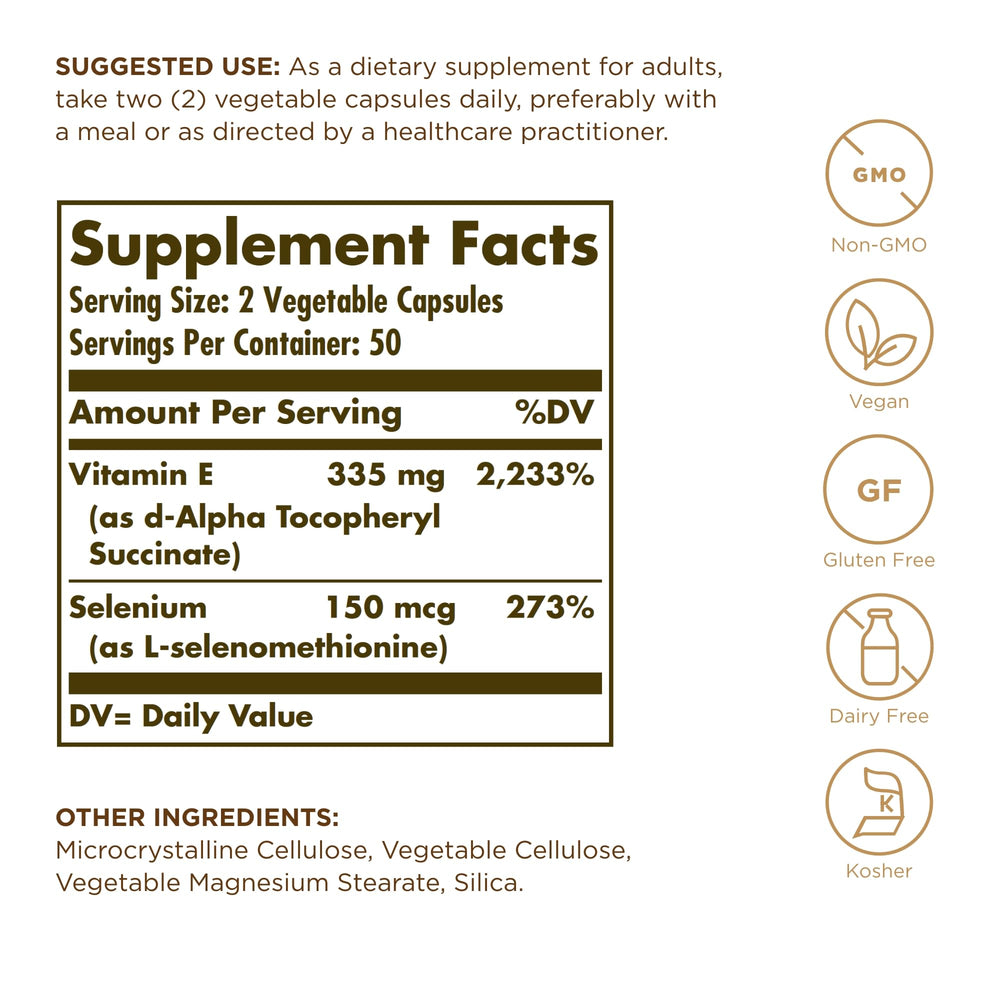 Solgar Dry Vitamin E with Yeast-Free Selenium capsules — convenient two-piece vegetarian capsule