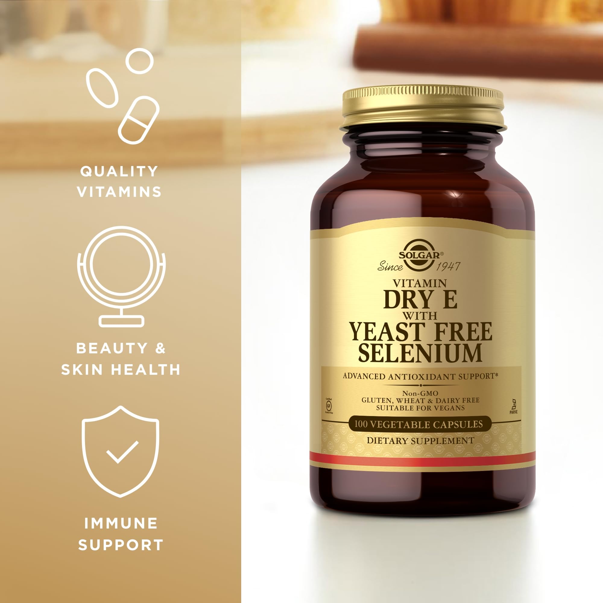 Solgar Dry Vitamin E ingredients close-up — yeast-free selenium pairing for antioxidant support