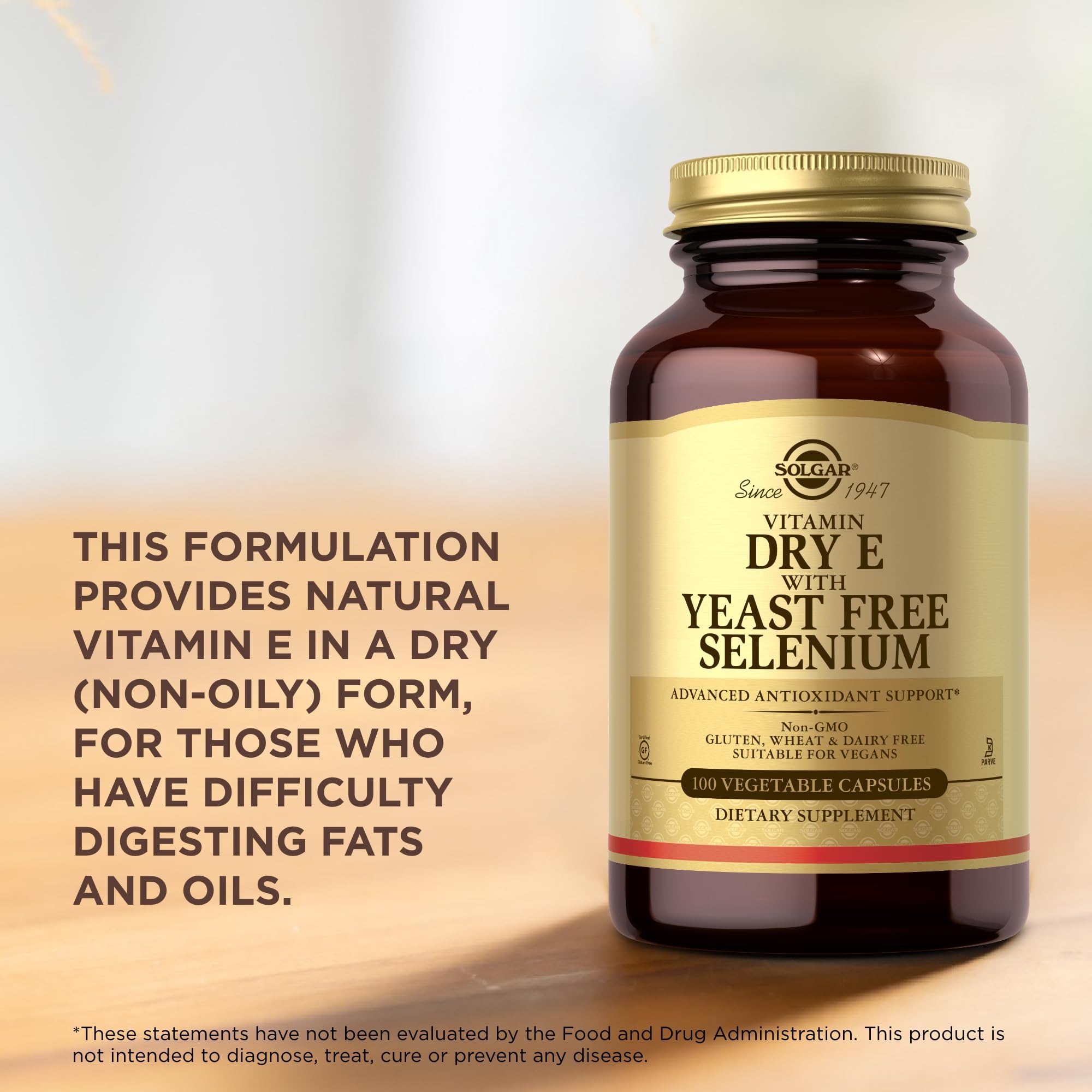 Solgar Dry Vitamin E with Yeast-Free Selenium kosher symbol — trusted daily antioxidant support