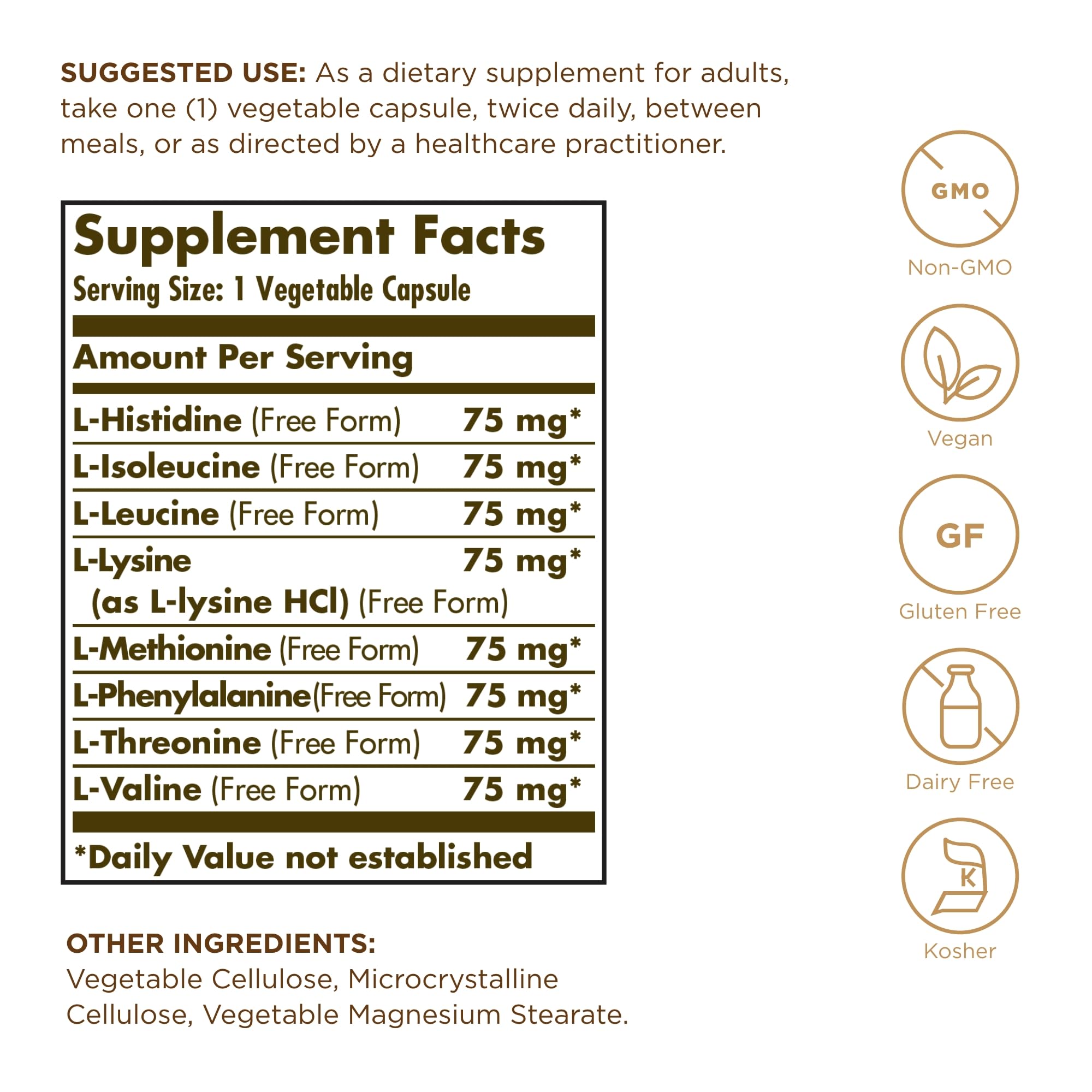 Solgar Essential Amino Complex bottle back label notes non-GMO vegan and gluten-free features