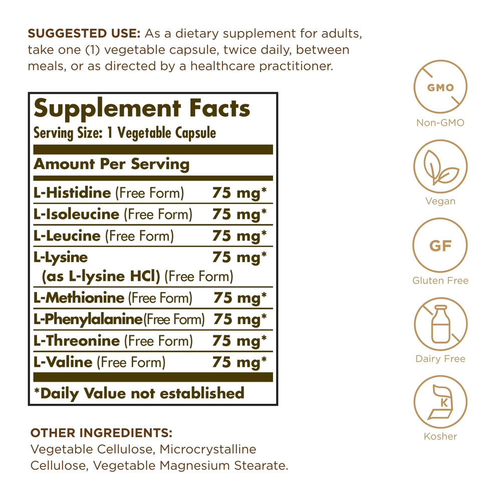 Solgar Essential Amino Complex bottle back label notes non-GMO vegan and gluten-free features