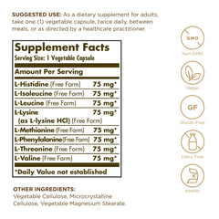 Solgar Essential Amino Complex bottle back label notes non-GMO vegan and gluten-free features