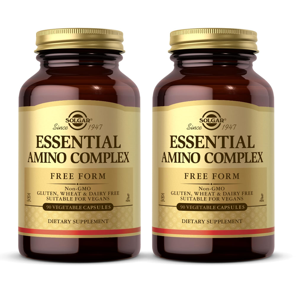 Solgar Essential Amino Complex bottle front highlights free-form amino acids for easy absorption