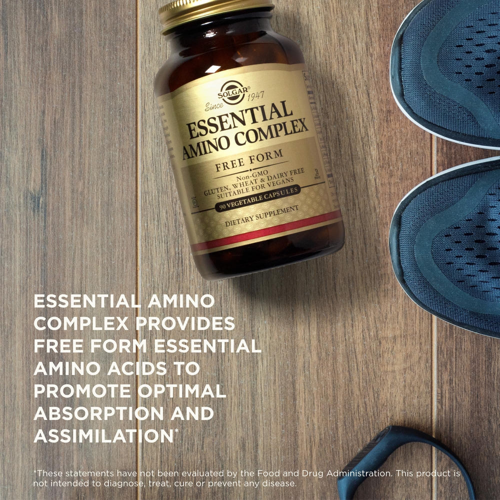 Solgar Essential Amino Complex label displays vegan symbol for plant-based amino acids