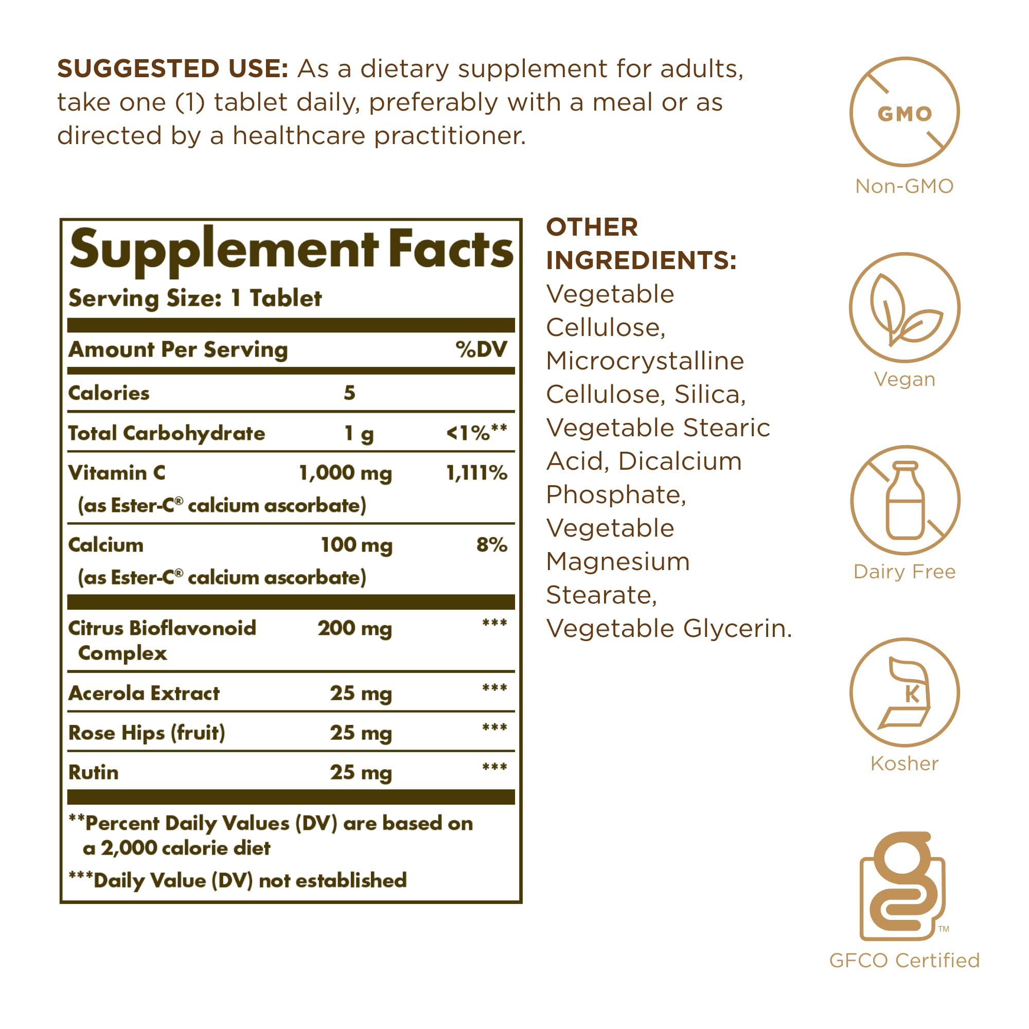 Solgar Ester C Plus 1000 mg bottle back with serving details
