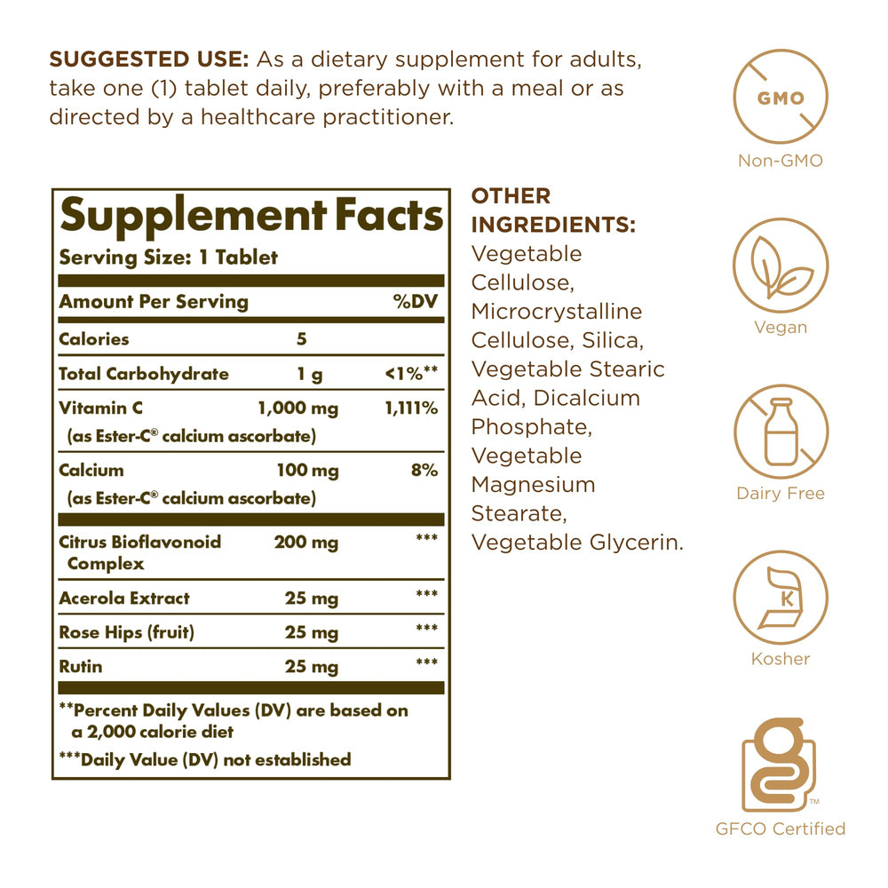 Solgar Ester C Plus 1000 mg bottle back with serving details