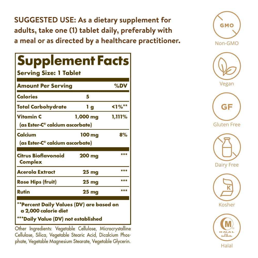 Solgar Ester-C Plus 1000 mg, etiqueta clara para dosis diaria.