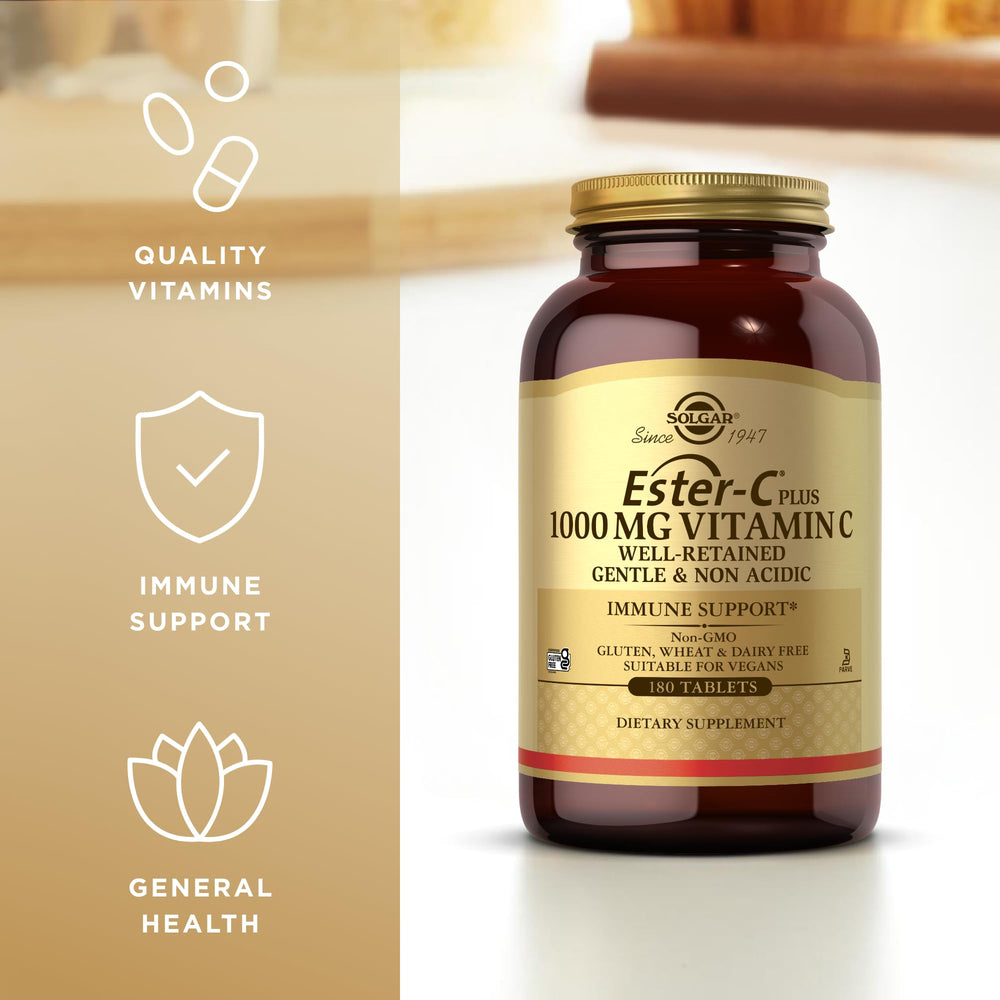 Solgar Ester C Plus 1000 mg packaging highlighting vegan and gluten free attributes