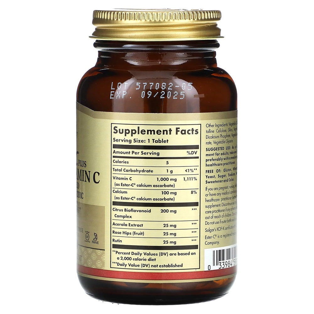 Solgar Ester-C Plus 1000 mg, tabletas en blíster para dosificación conveniente.