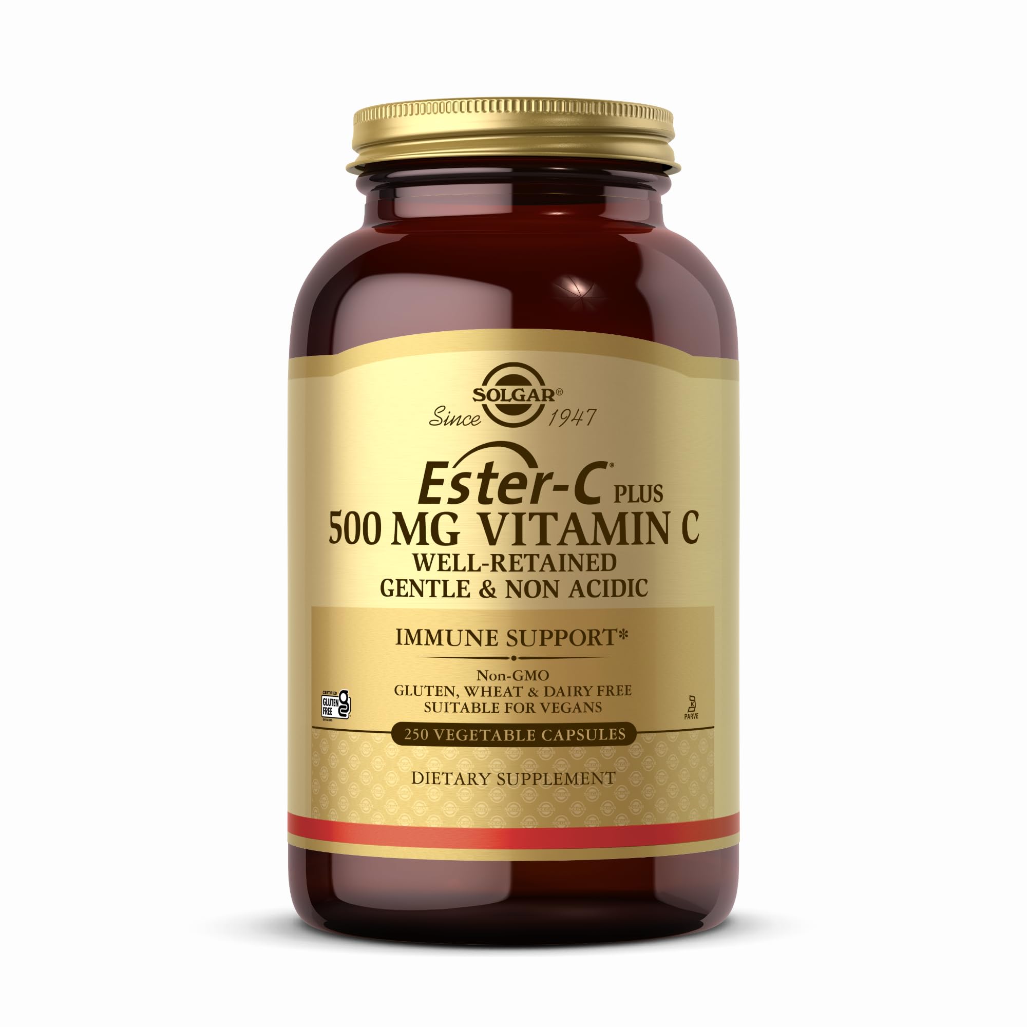 Solgar Ester-C Plus 500 mg bottle with gentle, immune-friendly formula.