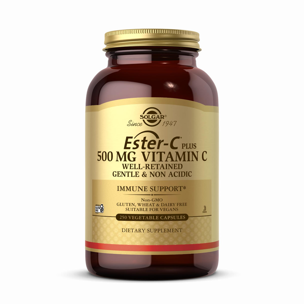 Solgar Ester-C Plus 500 mg bottle with gentle, immune-friendly formula.