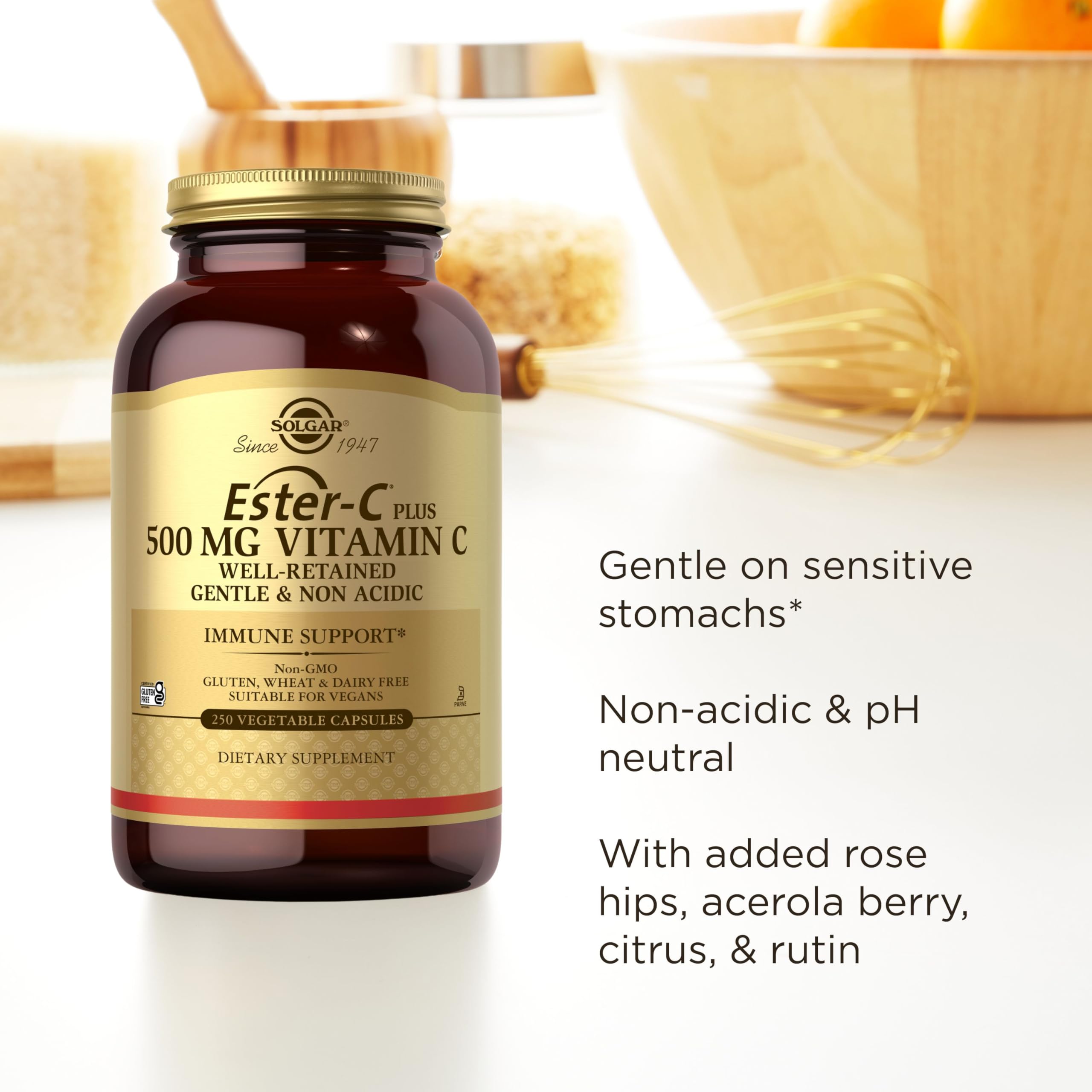 Solgar Ester-C Plus natural bioflavonoids and acerola imagery for antioxidant support
