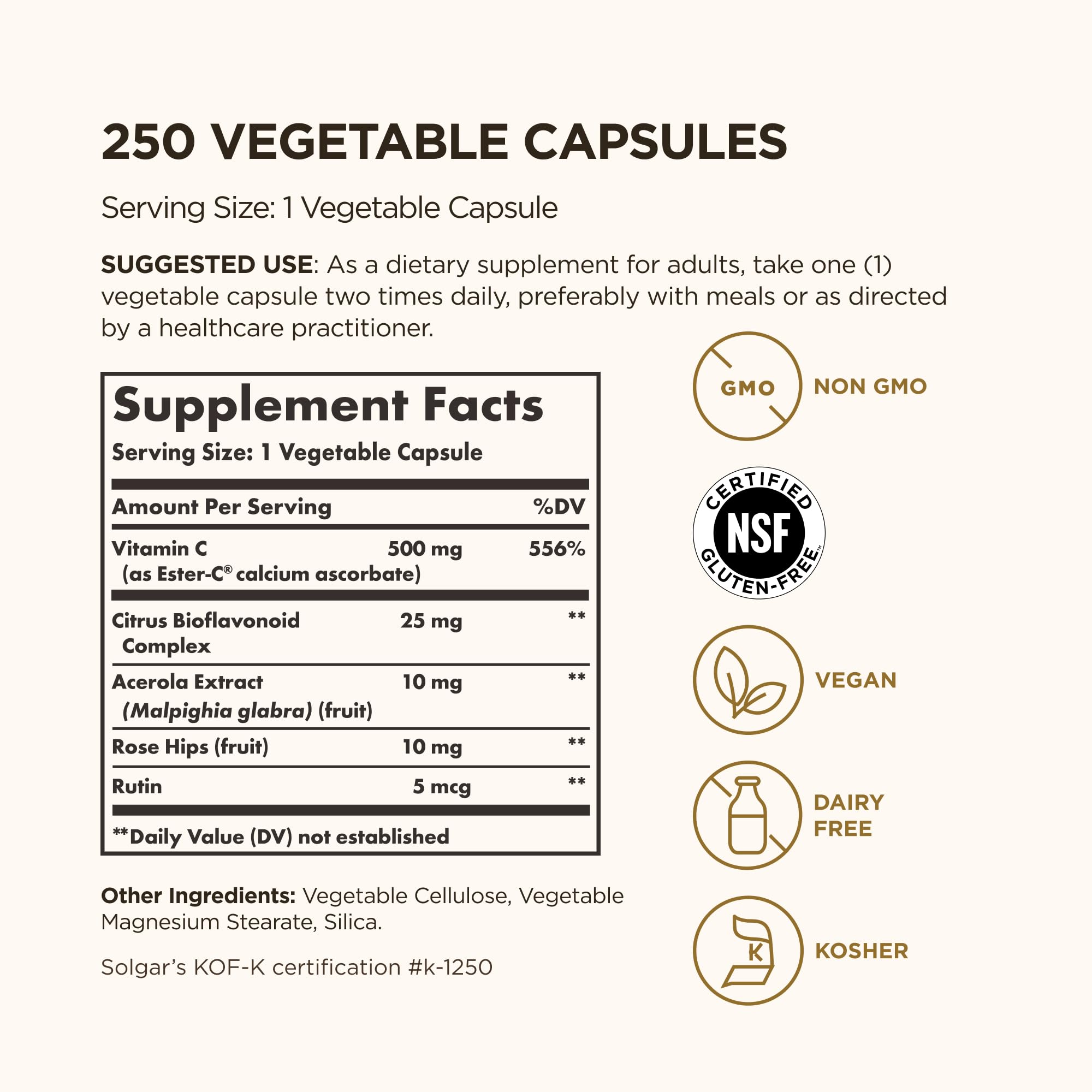 Solgar Ester-C Plus back label highlights vegan, gluten-free, and non-GMO features