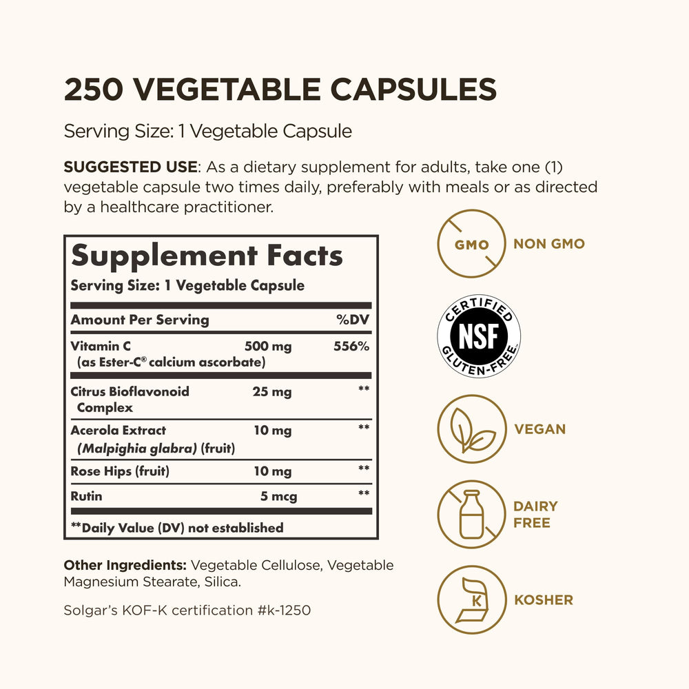Solgar Ester-C Plus back label highlights vegan, gluten-free, and non-GMO features