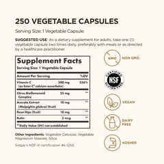 Solgar Ester-C Plus back label highlights vegan, gluten-free, and non-GMO features