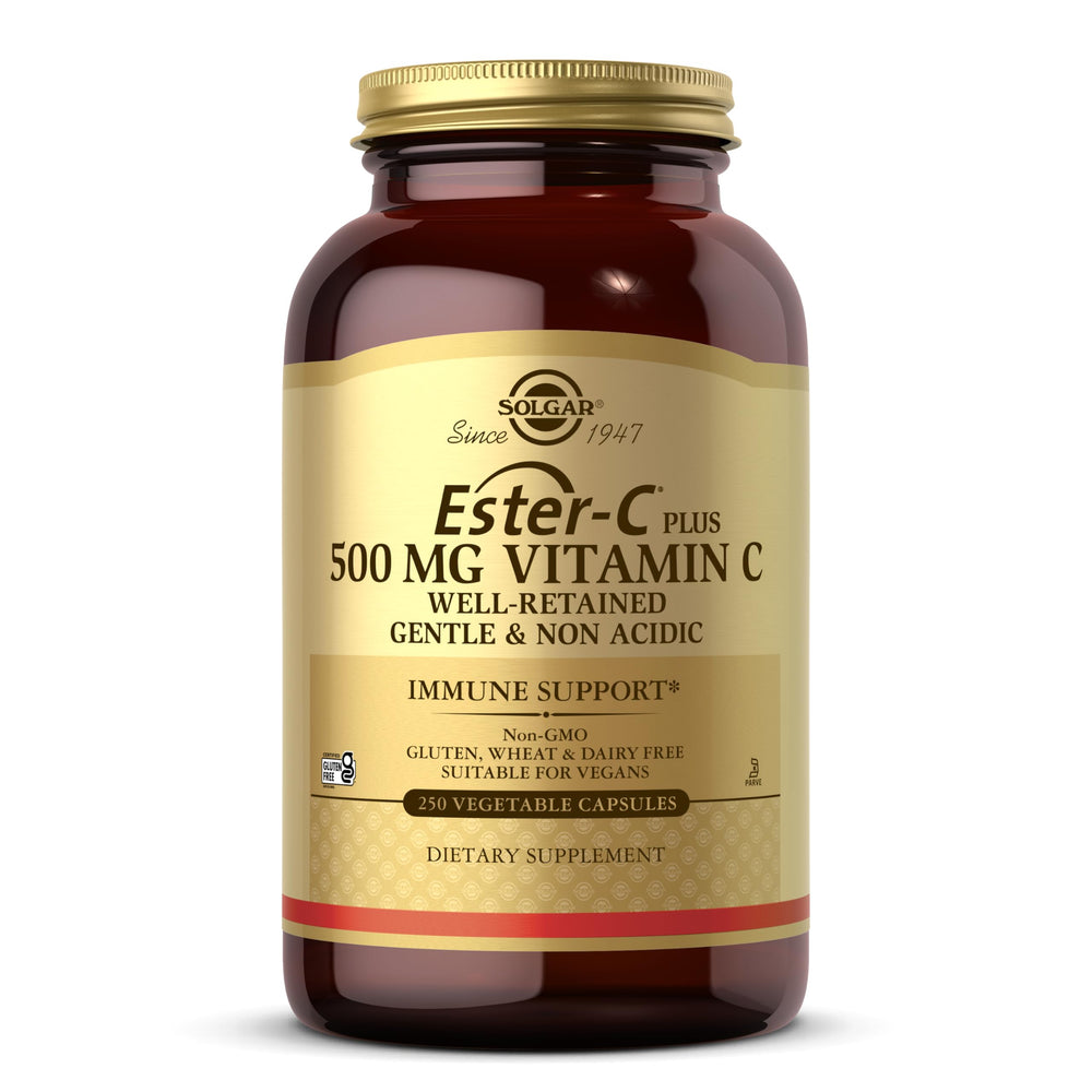 Solgar Ester-C Plus bottle front shows gentle pH-neutral vitamin C for everyday use