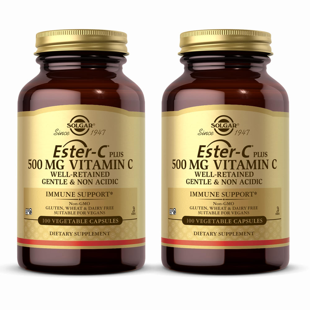Solgar Ester-C Plus bottle close-up highlighting gentle vitamin C for immune support