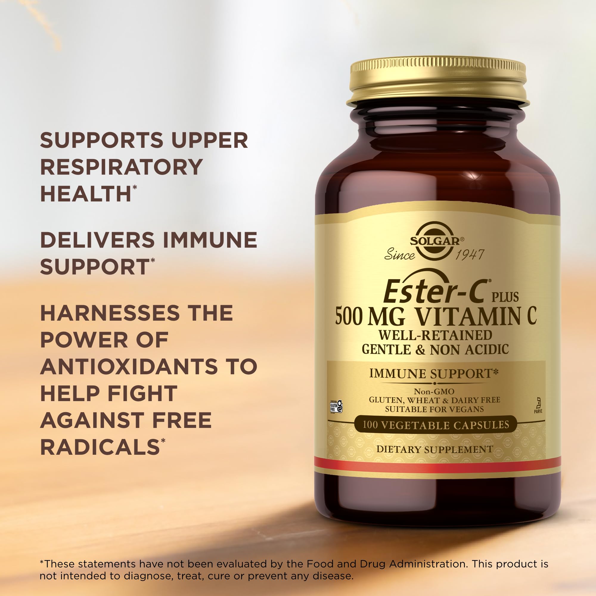 Solgar Ester-C Plus capsules close-up showing 500 mg dosage
