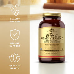 Solgar Ester-C Plus bottle emphasizes non-GMO vegan capsules.