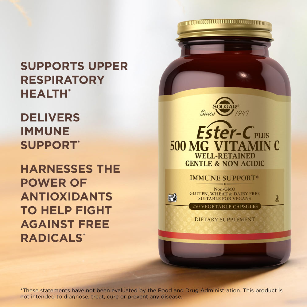 Solgar Ester-C Plus packaging shows gluten-free and kosher certifications.
