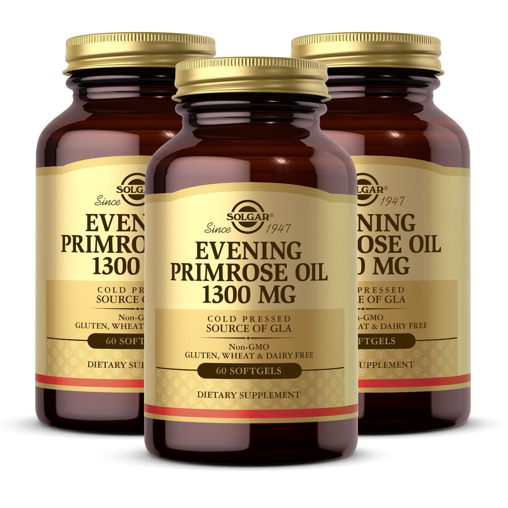 Solgar Evening Primrose Oil 1300 mg bottle showing premium primrose formulation for skin support.