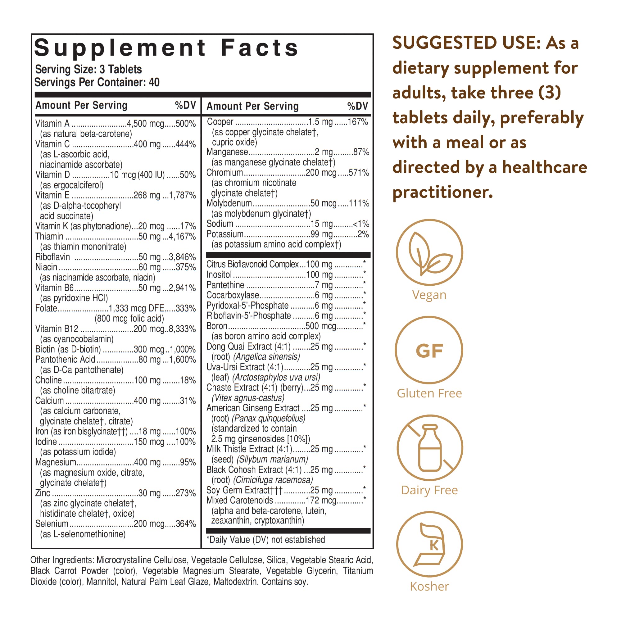 Solgar Female Multiple tablets closeup highlight herbal blend for women