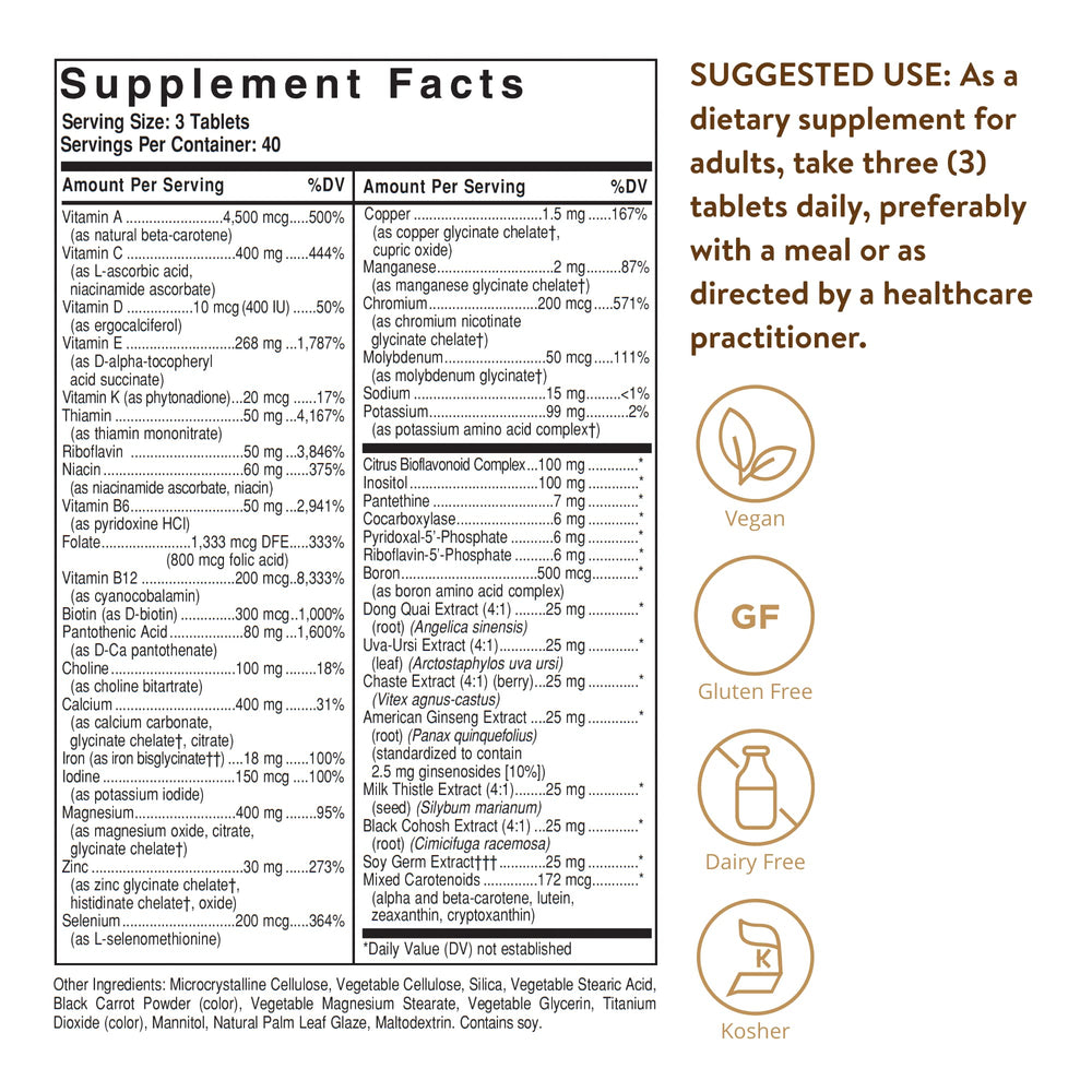Solgar Female Multiple tablets closeup highlight herbal blend for women