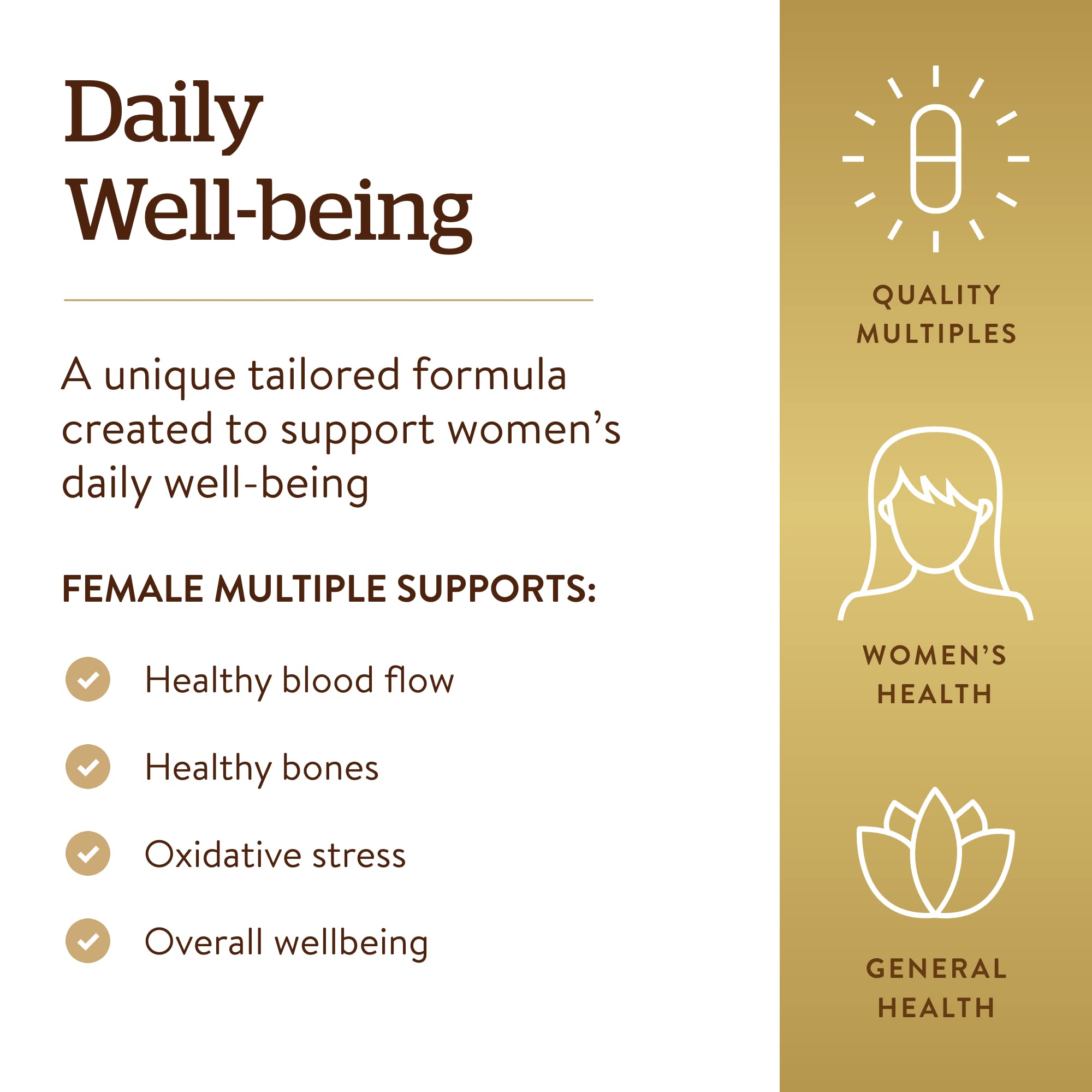 Solgar Female Multiple vegan symbol on packaging signals plant-based formula