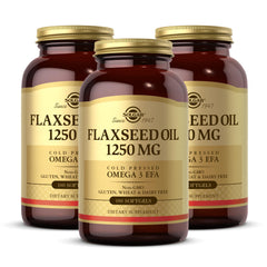 Solgar Flaxseed Oil bottle front showing 1250 mg softgels for convenient omega-3 sourcing.