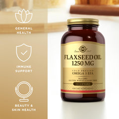 Solgar Flaxseed Oil label shows Non-GMO and gluten-free formulation.
