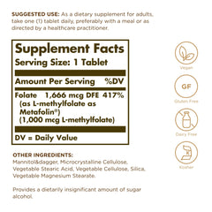 Close-up of Solgar Folate 1000 mcg tablets, small and easy-to-take daily dose.
