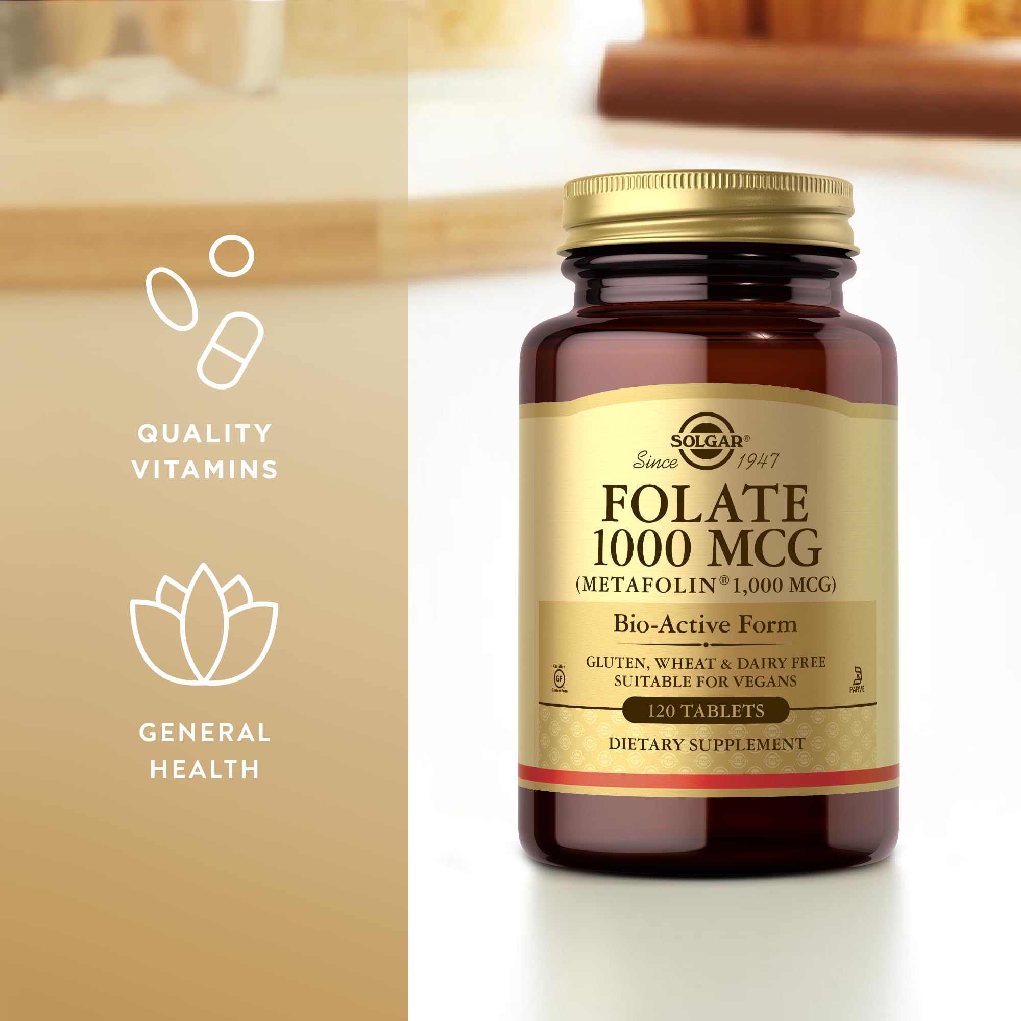 Vegan and kosher icons for Solgar Folate 1000 mcg highlight dietary options.