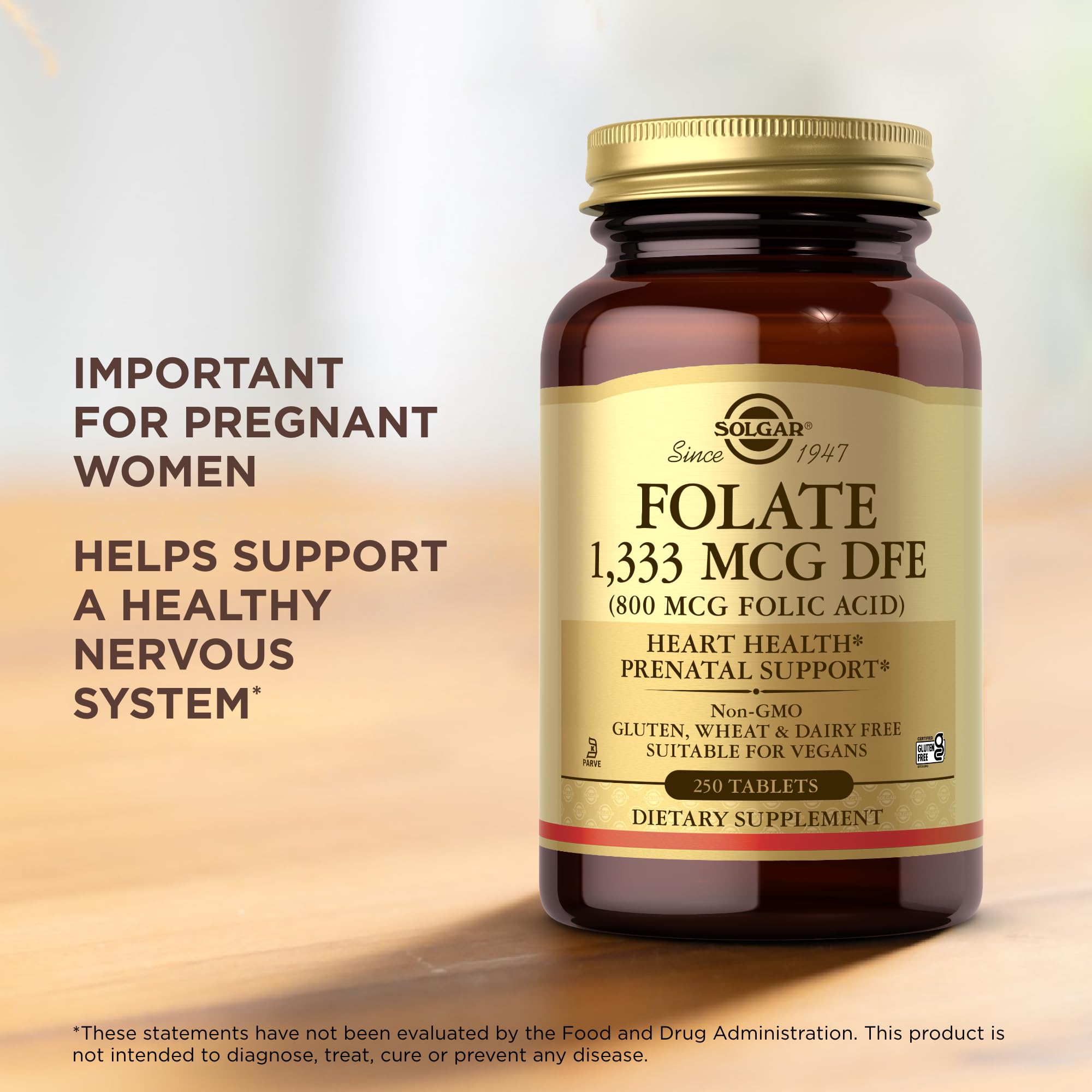 Solgar Folate nutrition facts highlight 1,333 mcg DFE per serving