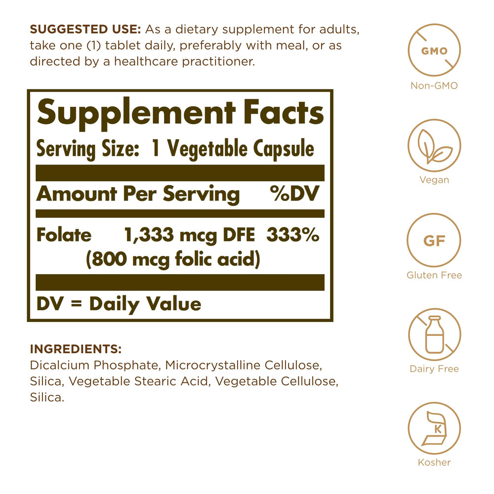 Solgar Folate tablets closeup, vegan daily dietary support