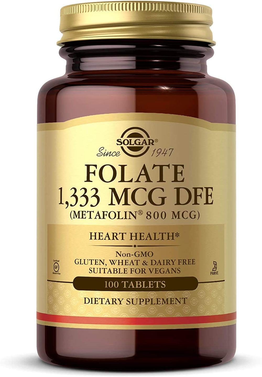 Solgar Folate bottle front showing a compact daily supplement for potential heart support