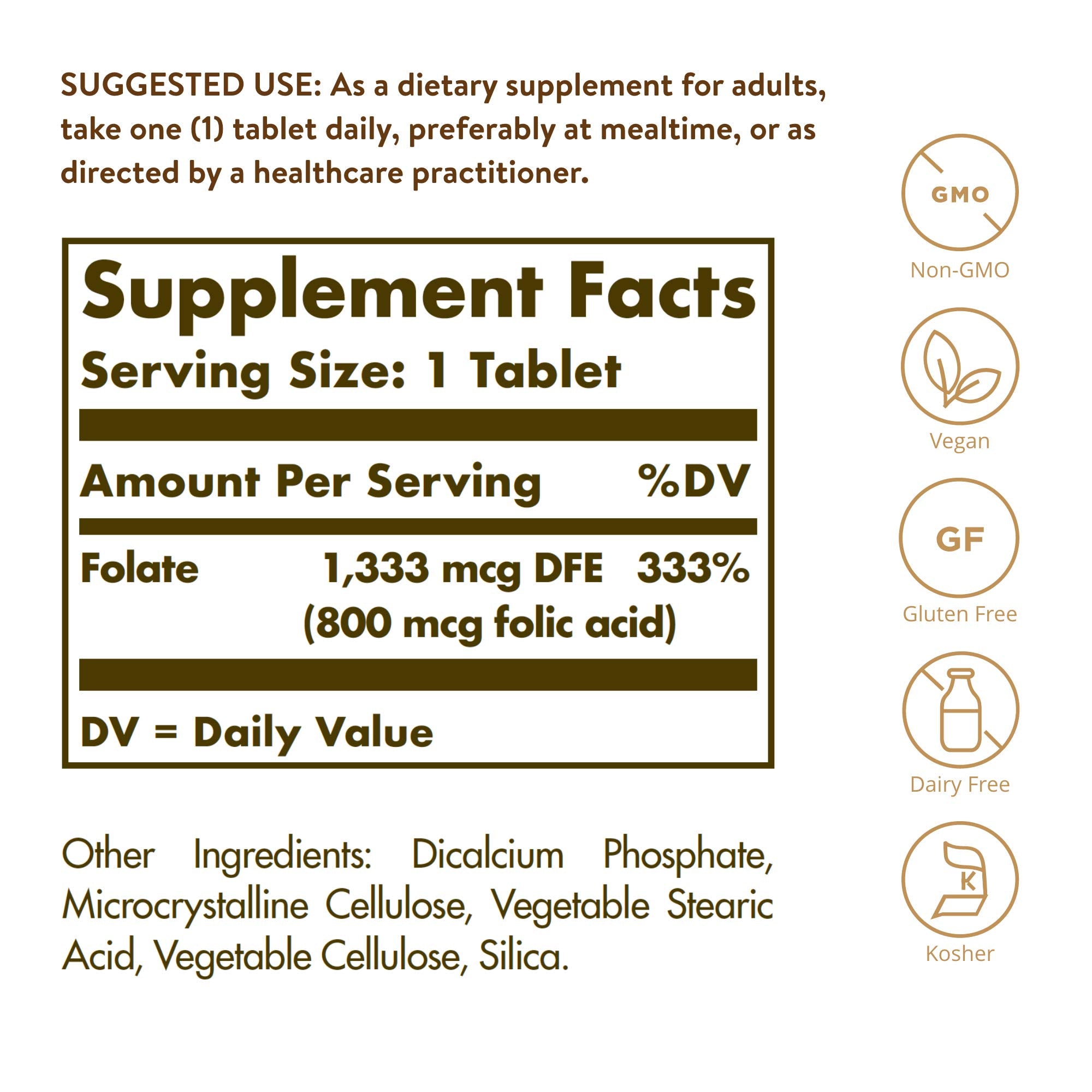 Solgar Folate bottle label closeup highlights Metafolin bioactive form for easy absorption