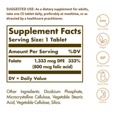 Solgar Folate bottle label closeup highlights Metafolin bioactive form for easy absorption