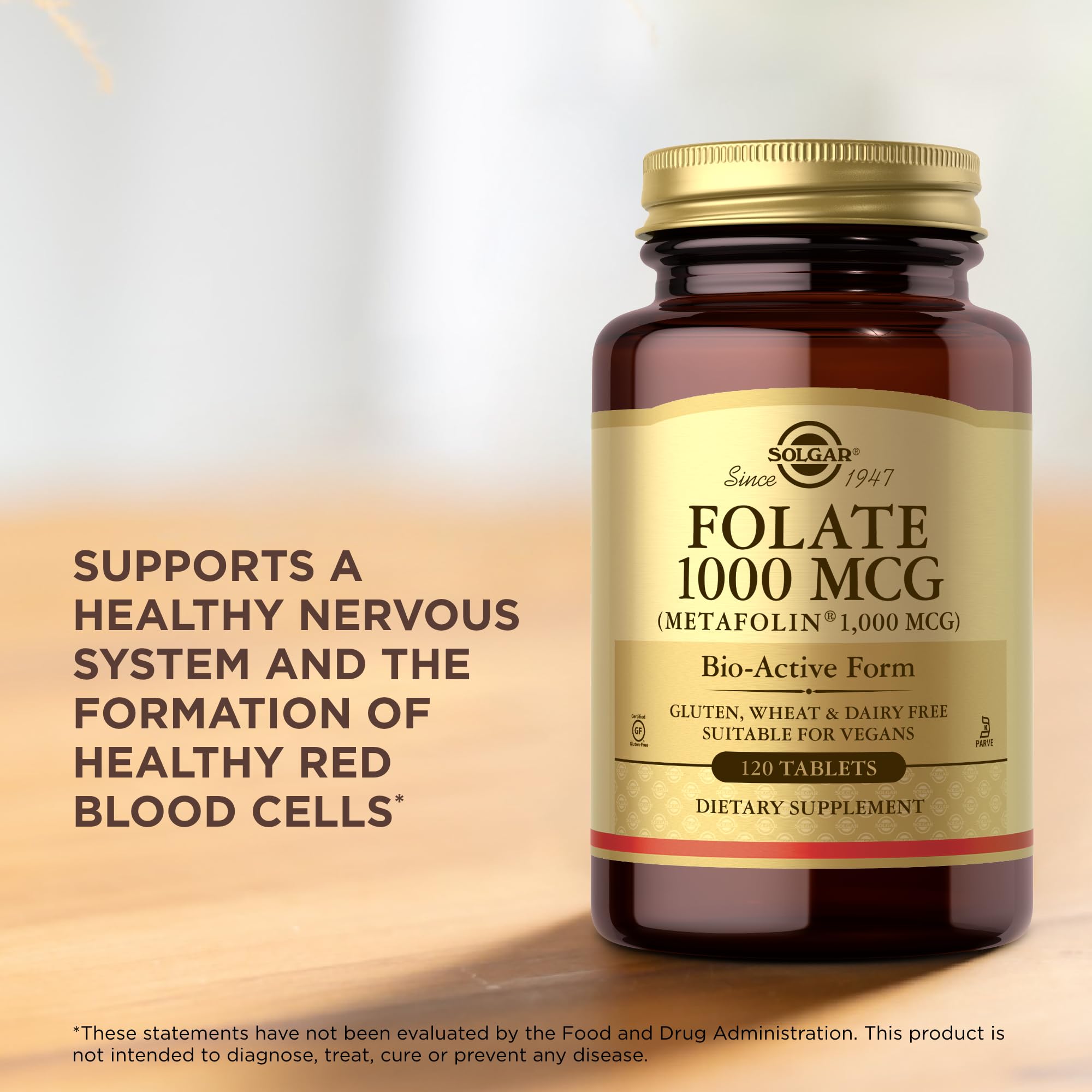 Solgar Folate bottle with nutrition panel and kosher certification label