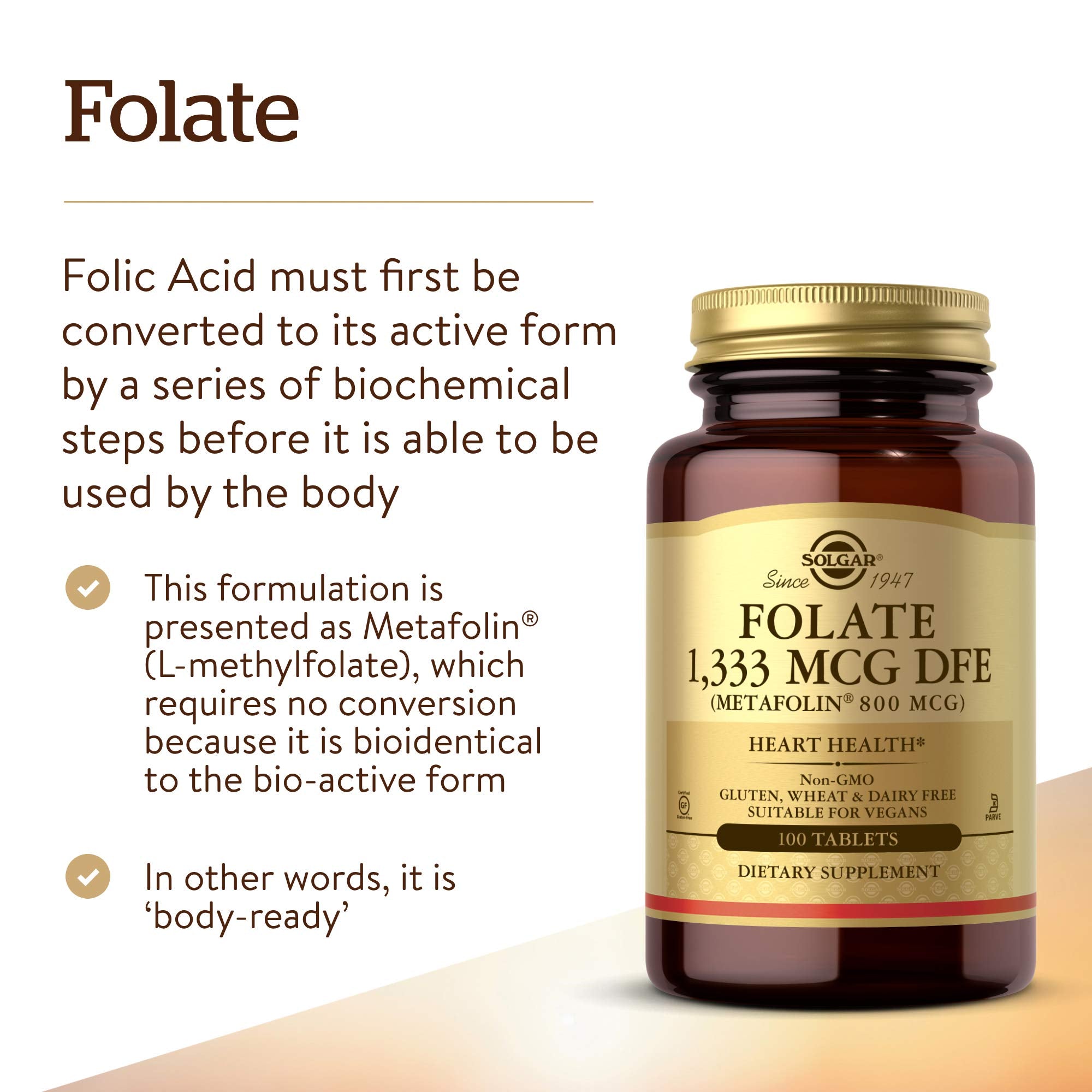 Solgar Folate capsules inside bottle illustrate simple daily intake for vegan diets