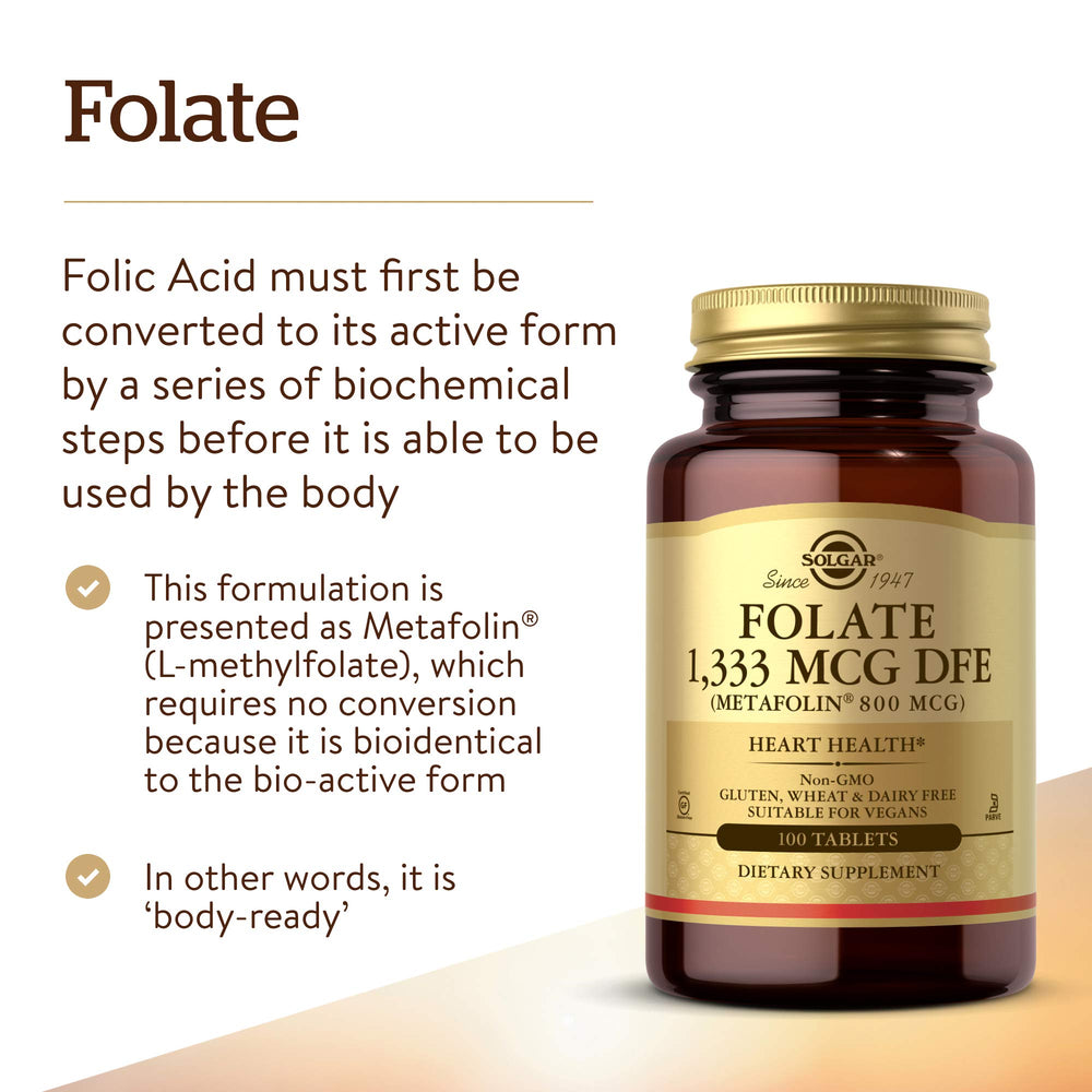 Solgar Folate capsules inside bottle illustrate simple daily intake for vegan diets