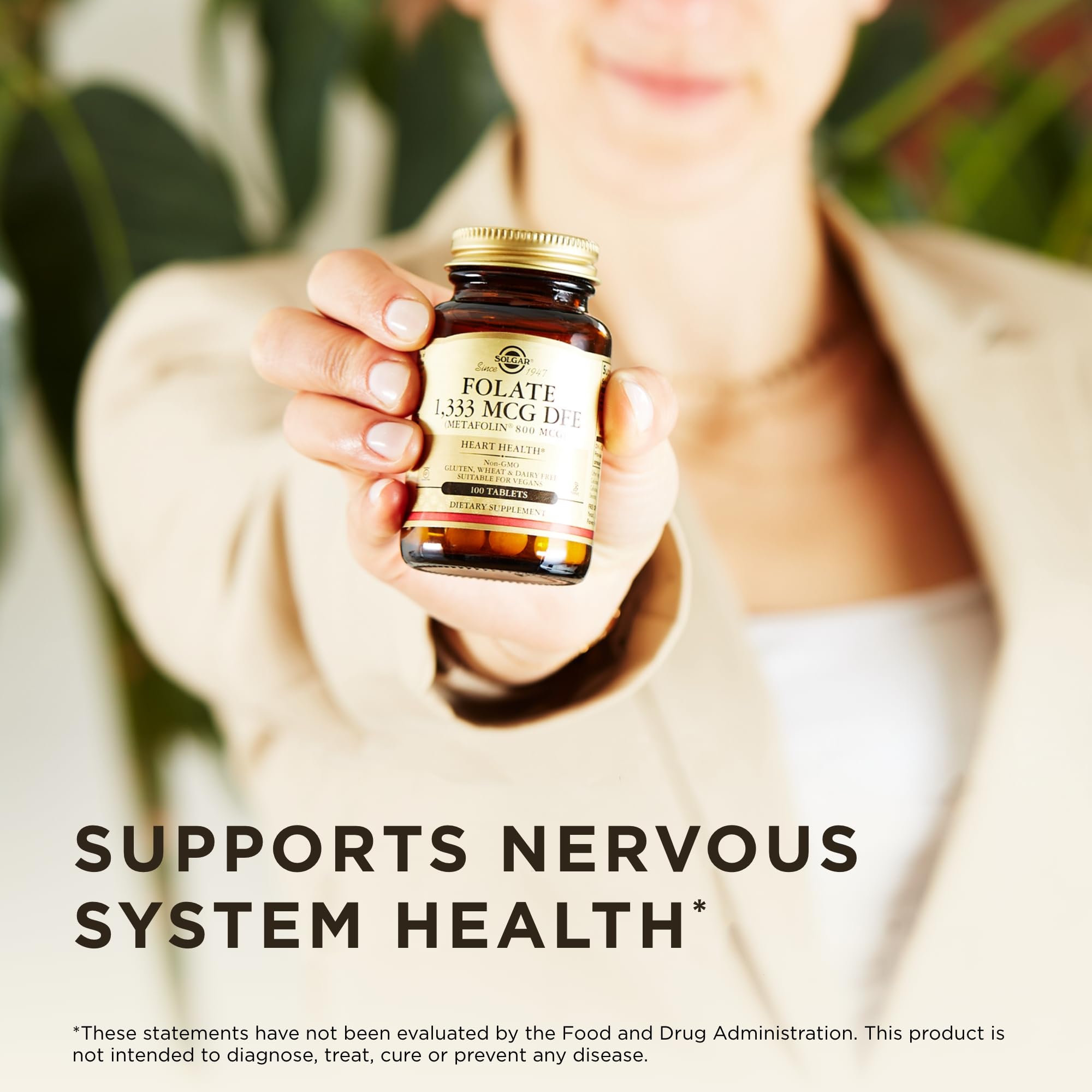 Kosher and vegan-friendly Solgar Folate seal communicates dietary compatibility.