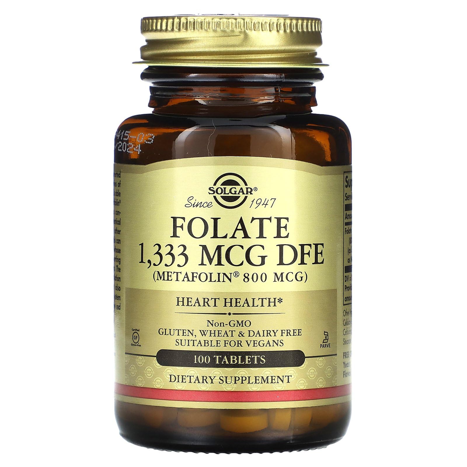 Solgar Folate label highlights non-GMO and gluten-free, dairy-free attributes.