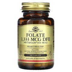 Solgar Folate label highlights non-GMO and gluten-free, dairy-free attributes.