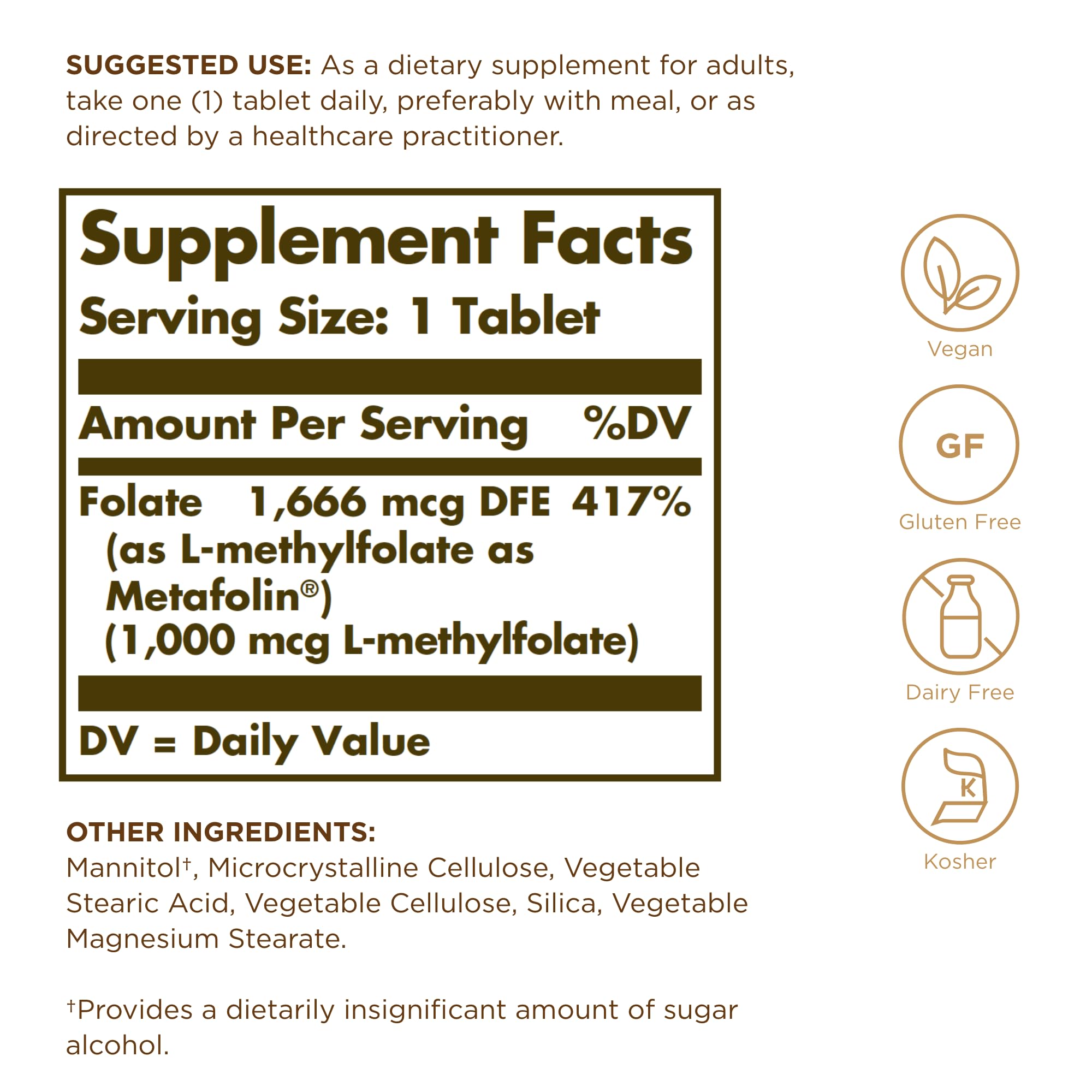 Solgar Folate Metafolin 1000mg capsules displayed, body-ready formula with no conversion needed.